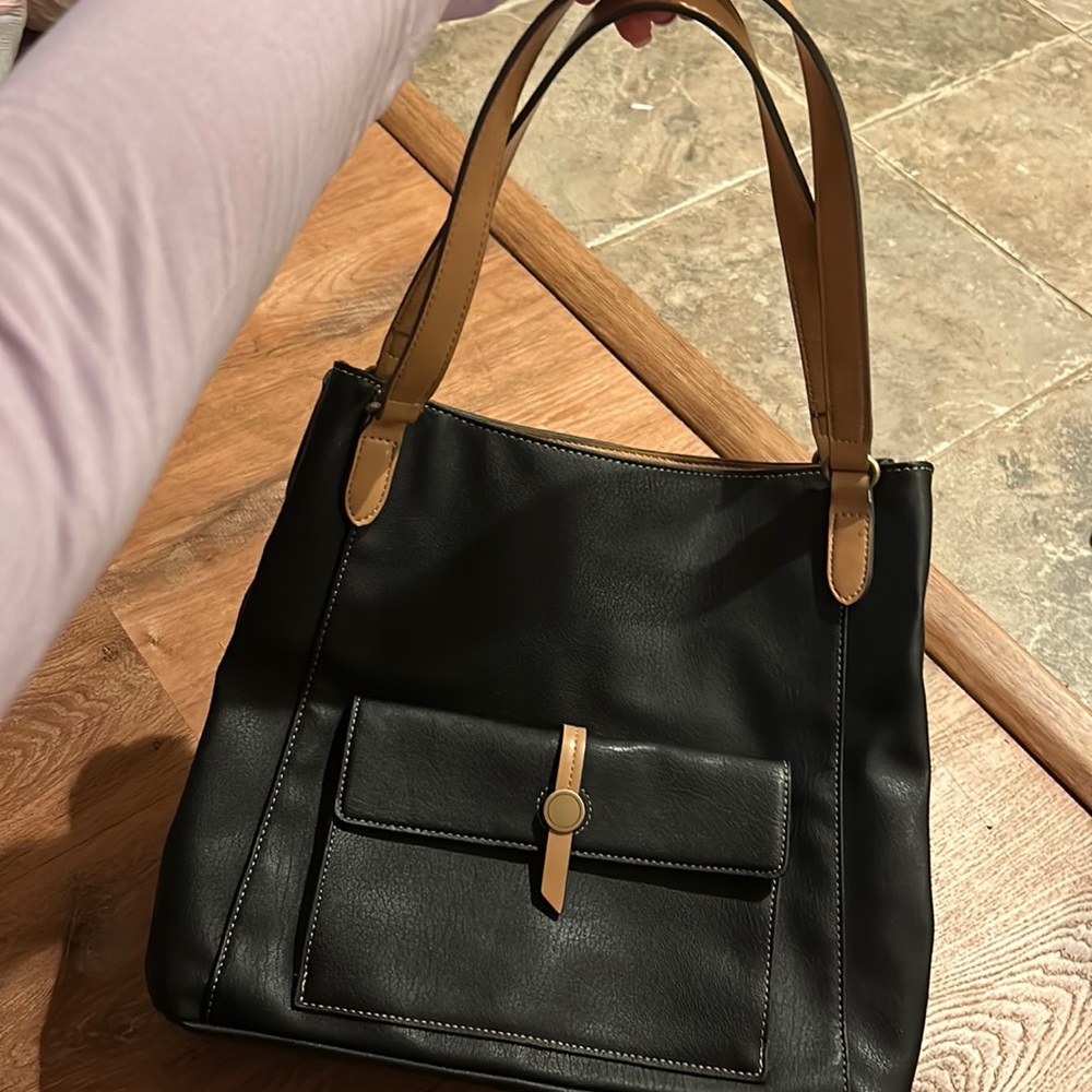 Black Faux Leather Satchel With Brown Trim